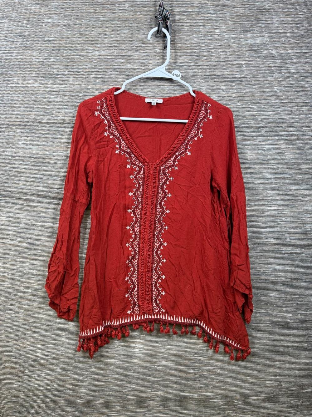 Jodifl Blouse Womens S Red Embroidered Tassel Hem V Neck Boho Tunic Top